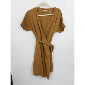 Menique Linen Wrap Dress Womens XS Brown Short Sleeve V-Neck Tie Waist Mini